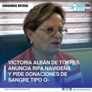 #NoticiaProvincial Cruz Roja Cotopaxi La presidenta de la Cruz Roja en la Junta Provincial de Cotopaxi, Victoria Albán de Torres, anunció la rifa navideña del 11 de diciembre y agradeció a benefactores por sus donaciones. También hizo un llamado a ciudadanos con tipo de sangre O -, para que donen sangre debido a la necesidad urgente. Más información y Tv en vivo: https://curiquinguetv.com/ #CuriquingueTVOficial