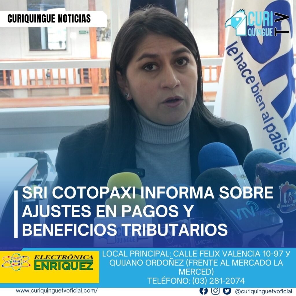 #NoticiaProvincial Cristina Ortega, directora distrital del SRI en Cotopaxi, anunció que el Gobierno Nacional ha realizado ajustes para regularizar los pagos de cuotas a contribuyentes. Además, hizo un llamado a la ciudadanía para conocer los beneficios tributarios, como la tarifa 0% en productos esenciales, incluyendo alimentos para mascotas. Le recordamos que puede seguir a través de #CuriquingueTv en #ATVCABLE #canal83 #Latacunga #Pujilí #Saquisilí #CBVisión #canal79 #Salcedo #Ambato #TVPlus #canal48 #LaManá #Valencia #Quevedo ¡Gracias por sintonizarnos! Más noticias y Tv en vivo: www.curiquinguetv.com #CuriquingueTvOficial