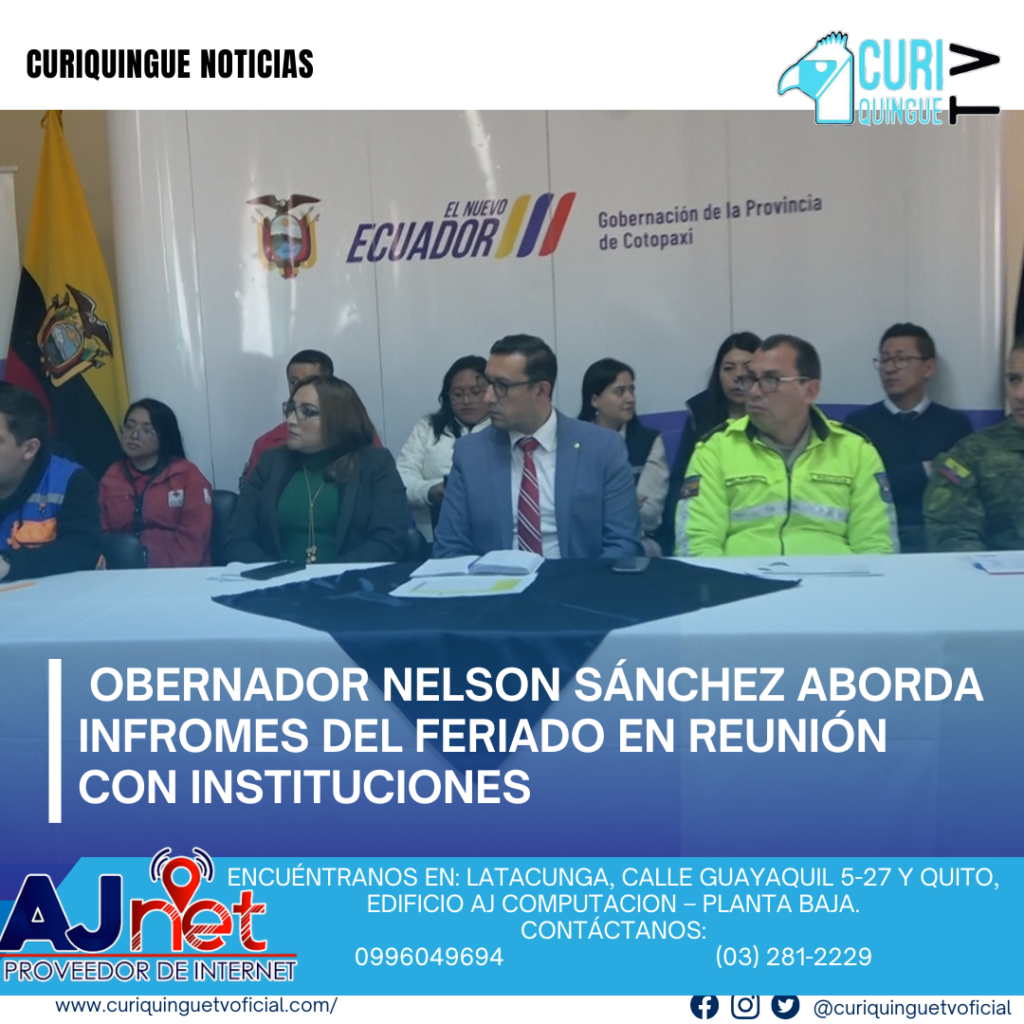#NoticiaProvincial El Gobernador de Cotopaxi, Nelson Sánchez Figueroa, se reunió con representantes de diversas instituciones para abordar temas importantes en la provincia. Se discutieron temas como la salud, emergencias, riesgos y eventos adversos, incluyendo el deslizamiento en el kilómetro Latacunga-La Mana. Además, se destacó el crecimiento del turismo en un 36% con respecto al año anterior. La Policía y ECU 911 también informaron sobre sus acciones y atención a la ciudadanía. LTe recordamos que puedes seguirnos a través de #CuriquingueTv en #ATVCABLE #canal83 #Latacunga #Pujilí #Saquisilí #CBVisión #canal79 #Salcedo #Ambato #TVPlus #canal48 #LaManá #Valencia #Quevedo ¡Gracias por sintonizarnos! Más noticias y Tv en vivo: www.curiquinguetv.com #CuriquingueTvOficial