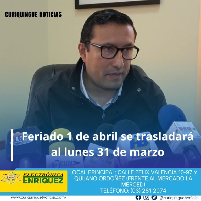 #NoticiaLocal El gobernador de Cotopaxi informó que, según la normativa vigente, los días que recuerdan fechas cívicas son de descanso obligatorio. En este sentido, el 1 de abril se trasladará al lunes 31 de marzo Le recordamos que puede seguir a través de #CuriquingueTv en #ATVCABLE #canal83 #Latacunga #Pujilí #Saquisilí #CBVisión #canal79 #Salcedo #Ambato #TVPlus #canal48 #LaManá #Valencia #Quevedo ¡Gracias por sintonizarnos! Más noticias y Tv en vivo: www.curiquinguetv.com #CuriquingueTvOficial