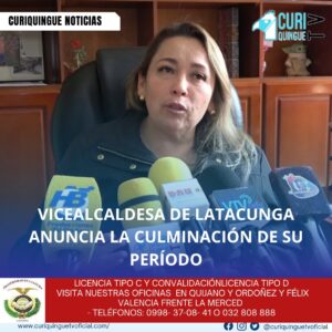 #NoticiaLocal La vicealcaldesa de Latacunga, María Esther Veloz, ha anunciado que su periodo en el cargo está próximo a culminar. En una reciente declaración, Veloz destacó las labores y proyectos que ha liderado durante su gestión, enfocándose en el desarrollo y bienestar de la ciudad. Veloz expresó su compromiso con la comunidad y adelantó que pronto dará a conocer detalles adicionales sobre su legado y futuras acciones. Le recordamos que puede seguir a través de #CuriquingueTv en #ATVCABLE #canal83 #Latacunga #Pujilí #Saquisilí #CBVisión #canal79 #Salcedo #Ambato #TVPlus #canal48 #LaManá #Valencia #Quevedo a las 07H00. ¡Gracias por sintonizarnos! #CuriquingueTv #UnaNuevaFormaDeHacerTelevisión