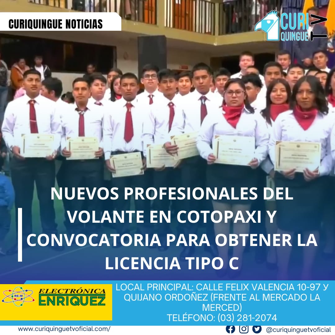 #NoticiaLocal El Sindicato de Choferes Profesionales de Cotopaxi realizó una ceremonia de graduación para entregar nuevos profesionales del volante a la sociedad, donde hombres y mujeres recibieron su licencia tipo C después de completar su formación. Además, el sindicato informa que las matrículas están abiertas para las personas que desean obtener la licencia profesional, y los interesados pueden acercarse a las oficinas para obtener más información y realizar su inscripción. Le recordamos que puede seguir a través de #CuriquingueTv en #ATVCABLE #canal83 #Latacunga #Pujilí #Saquisilí #CBVisión #canal79 #Salcedo #Ambato #TVPlus #canal48 #LaManá #Valencia #Quevedo a las 07H00. ¡Gracias por sintonizarnos! #CuriquingueTv #UnaNuevaFormaDeHacerTelevisión www.curiquinguetv.com