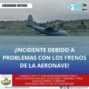 #NoticiaLocal Un avión Hércules de la Fuerza Aérea Ecuatoriana sufrió un accidente leve en el aeropuerto de Cotopaxi el pasado 13 de mayo. Según informó la FAE, el incidente se debió a problemas con los frenos de la aeronave. Afortunadamente, no hubo heridos. El teniente coronel Marlon Rojas proporcionó información sobre los procedimientos que se están ejecutando para revisar la aeronave y determinar las causas exactas del accidente. Le recordamos que puede seguir a través de #CuriquingueTv en #ATVCABLE #canal83 #Latacunga #Pujilí #Saquisilí #CBVisión #canal79 #Salcedo #Ambato #TVPlus #canal48 #LaManá #Valencia #Quevedo a las 07H00. ¡Gracias por sintonizarnos! #CuriquingueTv #UnaNuevaFormaDeHacerTelevisión www.curiquinguetv.com
