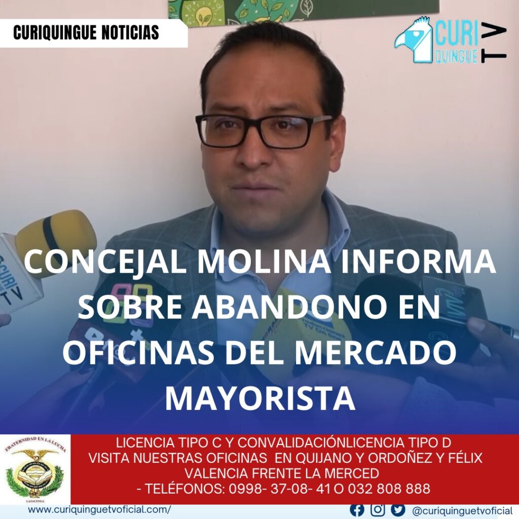 #NoticiaLocal El Concejal Cristian Molina informó sobre varias obras municipales en curso, incluyendo el nuevo camal municipal. Sin embargo, también destacó problemas en las oficinas del mercado mayorista, que se encuentran en un estado de abandono y falta de cuidado. Molina hizo un llamado a tomar medidas para abordar esta situación y mejorar las condiciones de estos espacios. Le recordamos que puede seguir a través de #CuriquingueTv en #ATVCABLE #canal83 #Latacunga #Pujilí #Saquisilí #CBVisión #canal79 #Salcedo #Ambato #TVPlus #canal48 #LaManá #Valencia #Quevedo a las 07H00. ¡Gracias por sintonizarnos! #CuriquingueTv #UnaNuevaFormaDeHacerTelevisión www.curiquinguetv.com
