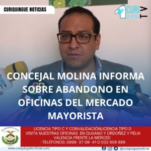 #NoticiaLocal El Concejal Cristian Molina informó sobre varias obras municipales en curso, incluyendo el nuevo camal municipal. Sin embargo, también destacó problemas en las oficinas del mercado mayorista, que se encuentran en un estado de abandono y falta de cuidado. Molina hizo un llamado a tomar medidas para abordar esta situación y mejorar las condiciones de estos espacios. Le recordamos que puede seguir a través de #CuriquingueTv en #ATVCABLE #canal83 #Latacunga #Pujilí #Saquisilí #CBVisión #canal79 #Salcedo #Ambato #TVPlus #canal48 #LaManá #Valencia #Quevedo a las 07H00. ¡Gracias por sintonizarnos! #CuriquingueTv #UnaNuevaFormaDeHacerTelevisión www.curiquinguetv.com