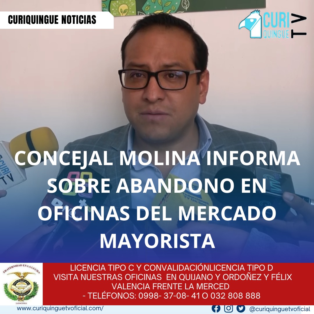 #NoticiaLocal El Concejal Cristian Molina informó sobre varias obras municipales en curso, incluyendo el nuevo camal municipal. Sin embargo, también destacó problemas en las oficinas del mercado mayorista, que se encuentran en un estado de abandono y falta de cuidado. Molina hizo un llamado a tomar medidas para abordar esta situación y mejorar las condiciones de estos espacios. Le recordamos que puede seguir a través de #CuriquingueTv en #ATVCABLE #canal83 #Latacunga #Pujilí #Saquisilí #CBVisión #canal79 #Salcedo #Ambato #TVPlus #canal48 #LaManá #Valencia #Quevedo a las 07H00. ¡Gracias por sintonizarnos! #CuriquingueTv #UnaNuevaFormaDeHacerTelevisión www.curiquinguetv.com