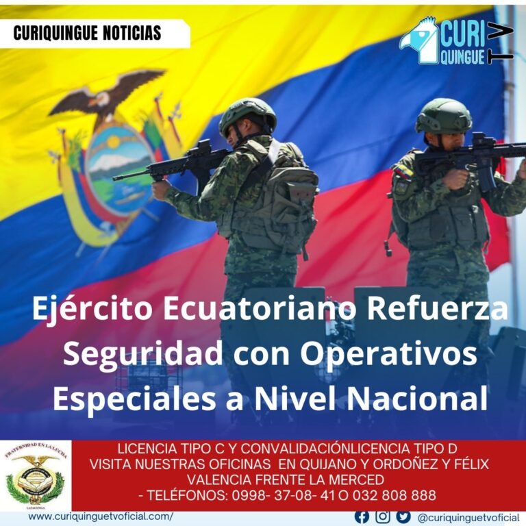 #NoticiaLocal Con el firme propósito de garantizar la seguridad nacional, el Ejército del Ecuador ha intensificado sus acciones a través de diversos operativos estratégicos desplegados en todo el país. Entre ellos destaca el operativo " CAMEX", centrado en puntos críticos para la seguridad interna, y el control constante en áreas sensibles como el oleoducto nacional. Estas acciones buscan prevenir sabotajes, actividades ilícitas y garantizar el normal funcionamiento de la infraestructura energética del Ecuador. Las Fuerzas Armadas han reiterado su compromiso con la soberanía y la paz interna, y han asegurado que estos operativos continuarán desarrollándose con rigurosidad para salvaguardar el bienestar de todos los ciudadanos. Le recordamos que puede seguir a través de #CuriquingueTv en #ATVCABLE #canal83 #Latacunga #Pujilí #Saquisilí #CBVisión #canal79 #Salcedo #Ambato #TVPlus #canal48 #LaManá #Valencia #Quevedo a las 07H00. ¡Gracias por sintonizarnos! #CuriquingueTv #UnaNuevaFormaDeHacerTelevisión www.curiquinguetv.com