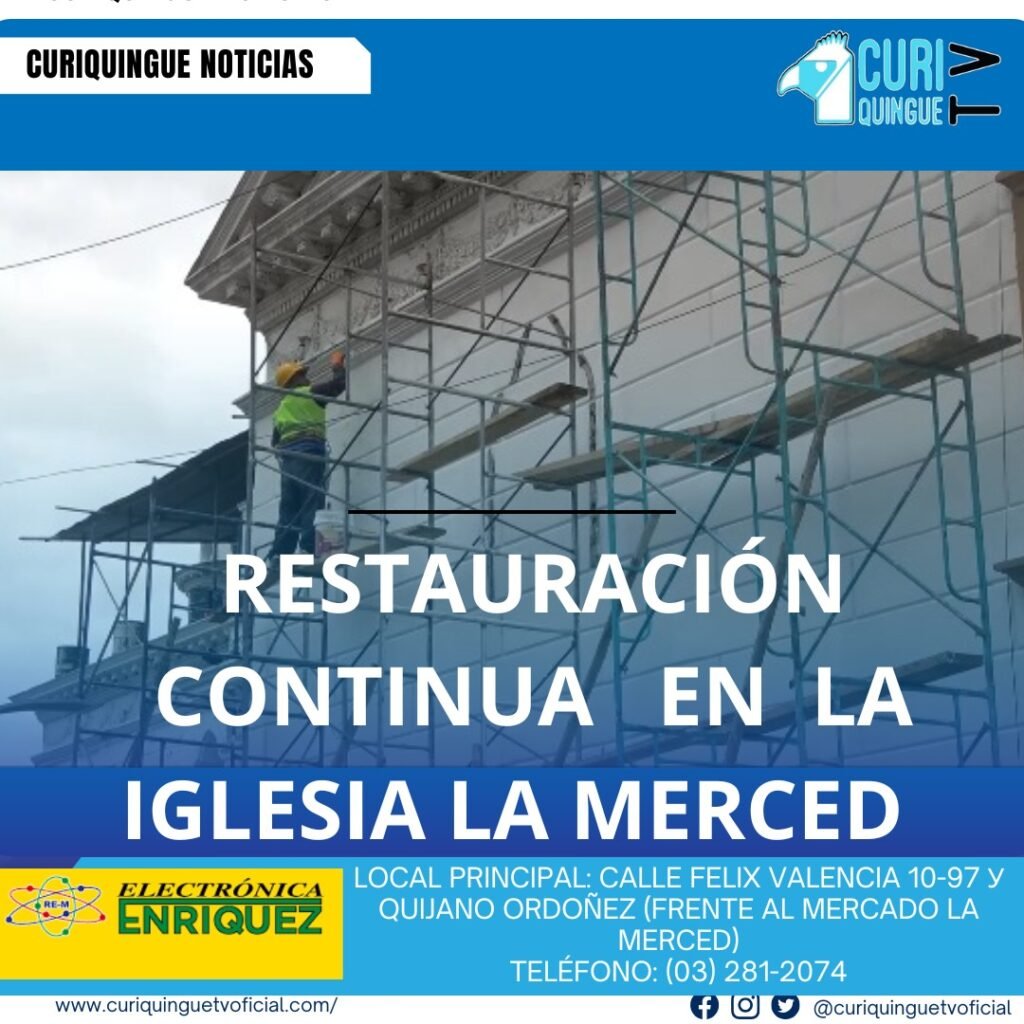 #NoticiaLocal La concejal María Esther Veloz dio a conocer importantes avances en el proceso de restauración del histórico Templo de La Merced, una joya patrimonial de gran valor cultural para la comunidad. Según sus declaraciones, los trabajos buscan preservar la integridad arquitectónica del templo y asegurar su conservación para futuras generaciones. Paralelamente, la edil hablo al respecto a la reciente tala de un bosque perteneciente al municipio, ubicado en la parroquia Belisario Quevedo. Le recordamos que puede seguir a través de #CuriquingueTv en #ATVCABLE #canal83 #Latacunga #Pujilí #Saquisilí #CBVisión #canal79 #Salcedo #Ambato #TVPlus #canal48 #LaManá #Valencia #Quevedo a las 07H00. ¡Gracias por sintonizarnos! #CuriquingueTv #UnaNuevaFormaDeHacerTelevisión www.curiquinguetv.com