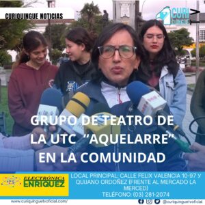 #NoticiaLocal El grupo de teatro de la Universidad Técnica de Cotopaxi (UTC) está trabajando en la comunidad, dando a conocer aspectos desconocidos de la ciudad y promoviendo la cultura y el arte en la sociedad. Le recordamos que puede seguir a través de #CuriquingueTv en #ATVCABLE #canal83 #Latacunga #Pujilí #Saquisilí #CBVisión #canal79 #Salcedo #Ambato #TVPlus #canal48 #LaManá #Valencia #Quevedo a las 07H00. ¡Gracias por sintonizarnos! #CuriquingueTv #UnaNuevaFormaDeHacerTelevisión www.curiquinguetv.com