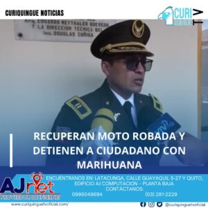 #NoticiaLocal Santiago Razo informó que se ha recuperado una moto robada y se ha intervenido a un ciudadano en el sector de La Cocha. Además, se incautaron aproximadamente 48 gramos de marihuana. La operación se llevó a cabo en el marco de los esfuerzos por combatir el delito en la región. Le recordamos que puede seguir a través de #CuriquingueTv en #ATVCABLE #canal83 #Latacunga #Pujilí #Saquisilí #CBVisión #canal79 #Salcedo #Ambato #TVPlus #canal48 #LaManá #Valencia #Quevedo a las 07H00. ¡Gracias por sintonizarnos! #CuriquingueTv #UnaNuevaFormaDeHacerTelevisión www.curiquinguetv.com