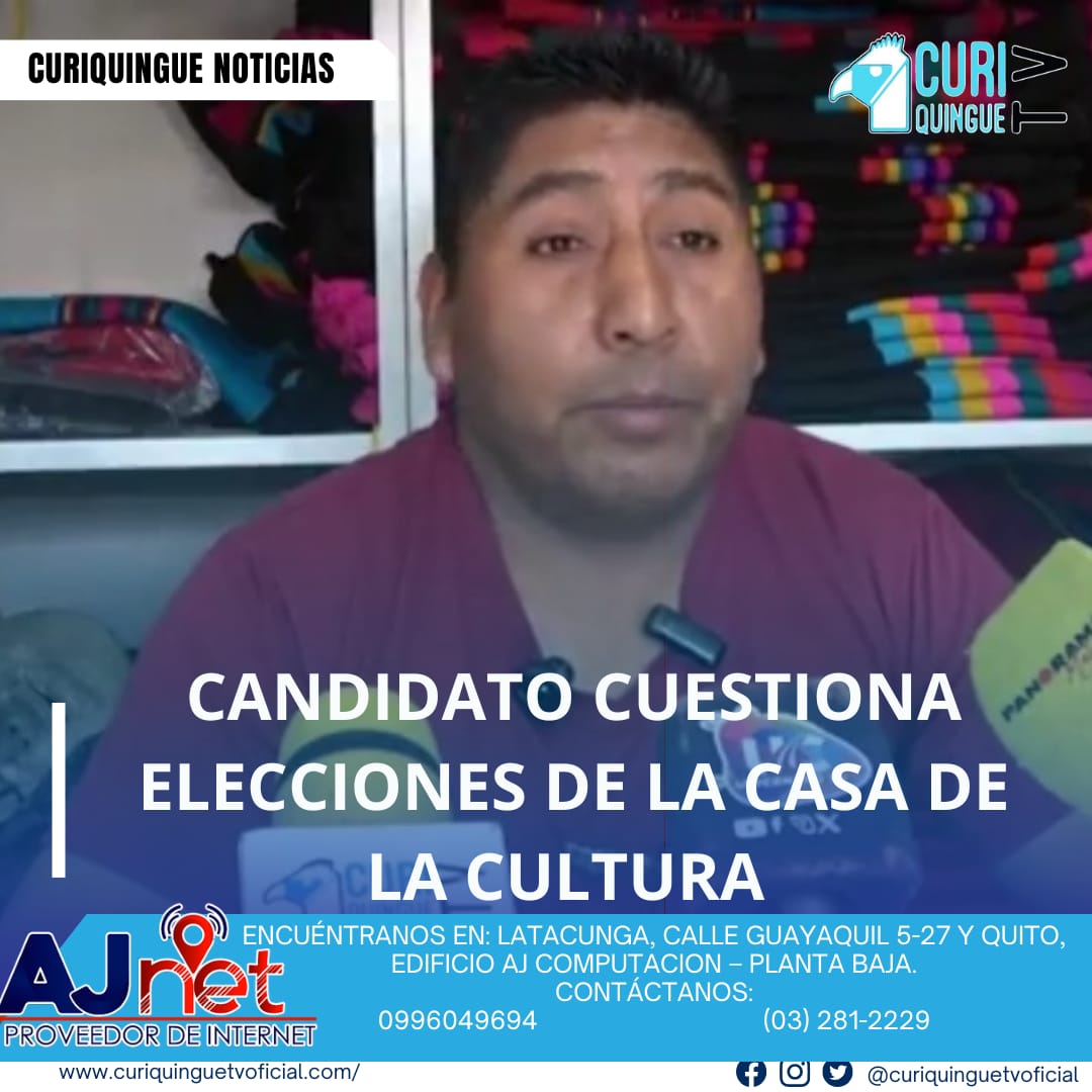 #Rectificación Como medio de comunicación rectificamos la expresión: ¿Candidato cuestionado? Por candidato cuestiona elecciones de la Casa de la Cultura. Se aproximan las elecciones en la Casa de la Cultura y un candidato indicó que su candidatura ha sido puesta en duda. La situación genera incertidumbre sobre el proceso electoral. Le recordamos que puede seguir a través de #CuriquingueTv en #ATVCABLE #canal83 #Latacunga #Pujilí #Saquisilí #CBVisión #canal79 #Salcedo #Ambato #TVPlus #canal48 #LaManá #Valencia #Quevedo a las 07H00. ¡Gracias por sintonizarnos! #CuriquingueTv #UnaNuevaFormaDeHacerTelevisión www.curiquinguetv.com
