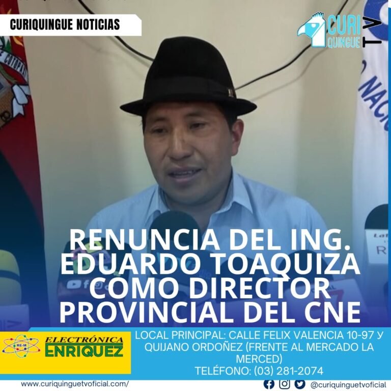 #NoticiaLocal El Ing. Eduardo Toaquiza presentó su renuncia como Director Provincial del Consejo Nacional Electoral (CNE). A continuación, se espera escuchar sus expresiones sobre esta decisión. Le recordamos que puede seguir a través de #CuriquingueTv en #ATVCABLE #canal83 #Latacunga #Pujilí #Saquisilí #CBVisión #canal79 #Salcedo #Ambato #TVPlus #canal48 #LaManá #Valencia #Quevedo a las 07H00. ¡Gracias por sintonizarnos! #CuriquingueTv #UnaNuevaFormaDeHacerTelevisión www.curiquinguetv.com