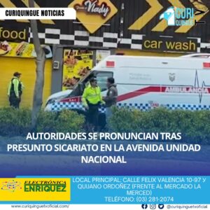 #NoticiaLocal Un presunto sicariato ocurrió hoy en la avenida Unidad Nacional, en el local de comida rápida El Vlady. La Policía Nacional está investigando el caso y proporcionará más información sobre este lamentable hecho. Se espera que las autoridades brinden detalles adicionales sobre las circunstancias del incidente y las medidas que se tomarán para garantizar la seguridad en la zona. Le recordamos que puede seguir a través de #CuriquingueTv en #ATVCABLE #canal83 #Latacunga #Pujilí #Saquisilí #CBVisión #canal79 #Salcedo #Ambato #TVPlus #canal48 #LaManá #Valencia #Quevedo a las 07H00. ¡Gracias por sintonizarnos! #CuriquingueTv #UnaNuevaFormaDeHacerTelevisión www.curiquinguetv.com