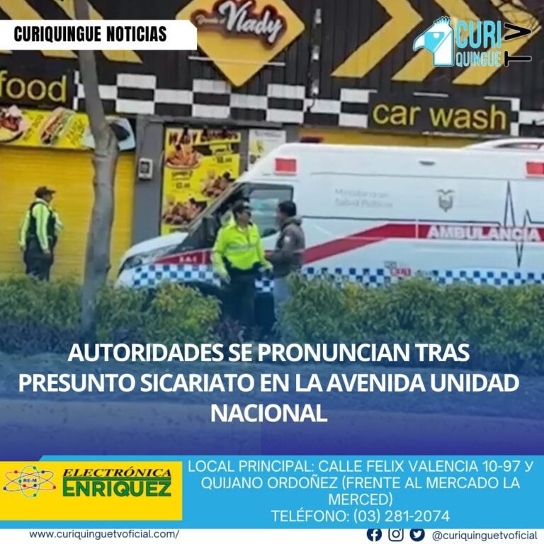 #NoticiaLocal Un presunto sicariato ocurrió hoy en la avenida Unidad Nacional, en el local de comida rápida El Vlady. La Policía Nacional está investigando el caso y proporcionará más información sobre este lamentable hecho. Se espera que las autoridades brinden detalles adicionales sobre las circunstancias del incidente y las medidas que se tomarán para garantizar la seguridad en la zona. Le recordamos que puede seguir a través de #CuriquingueTv en #ATVCABLE #canal83 #Latacunga #Pujilí #Saquisilí #CBVisión #canal79 #Salcedo #Ambato #TVPlus #canal48 #LaManá #Valencia #Quevedo a las 07H00. ¡Gracias por sintonizarnos! #CuriquingueTv #UnaNuevaFormaDeHacerTelevisión www.curiquinguetv.com
