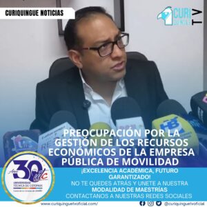 El concejal Cristian Molina ha expresado su preocupación por la gestión de los recursos económicos generados por la empresa pública de movilidad en Latacunga. Según Molina, estos recursos no están siendo reinvertidos en obras que beneficien a la ciudad, como la señalética y la contratación de agentes de tránsito.