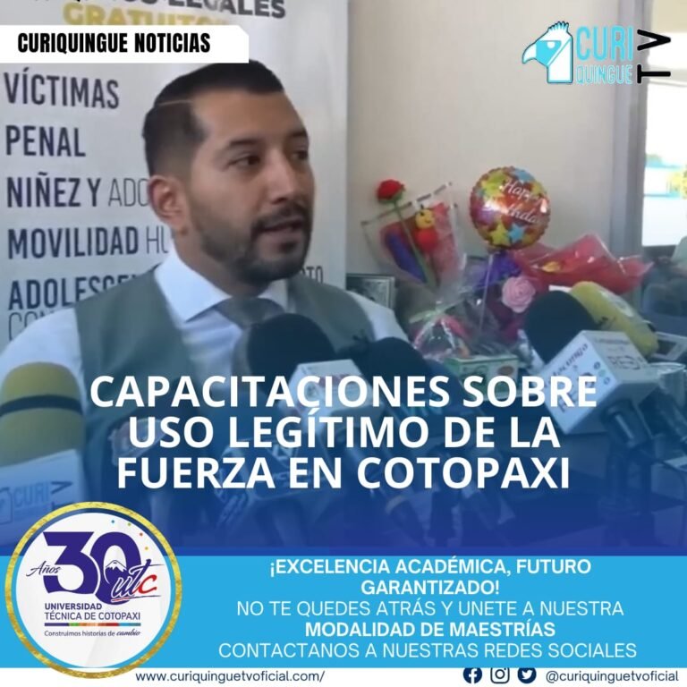 El defensor público de Cotopaxi, David Anachi , informó que se han ejecutado varias capacitaciones dirigidas a miembros de las Fuerzas Armadas. Estas jornadas buscan fortalecer el conocimiento y la aplicación del uso legítimo de la fuerza , con el fin de garantizar intervenciones ajustadas a la ley y al respeto de los derechos humanos.
