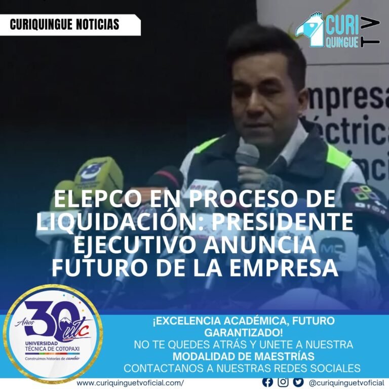 El presidente ejecutivo de ELEPCO, Christian Eraso, informó sobre el rumbo que tendrá la Empresa Eléctrica Provincial Cotopaxi, que se encuentra en proceso de liquidación. Aunque no se proporcionaron detalles específicos, se espera que la empresa brinde más información en un comunicado oficial o rueda de prensa próximamente.