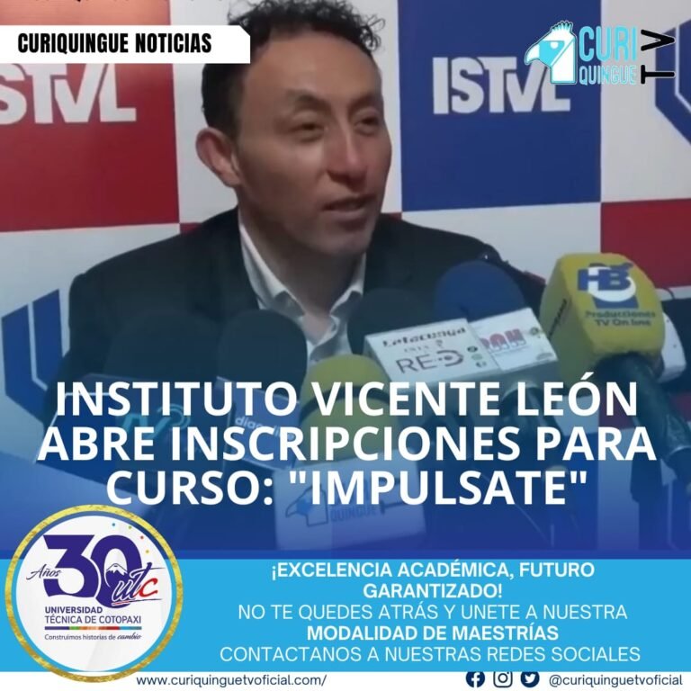 El Instituto Tecnológico Superior Vicente León invita a todos los interesados a acercarse a la institución para postular al inicio de clases del curso Impulsate. Esta oportunidad es ideal para aquellos que buscan mejorar sus habilidades y conocimientos en diversas áreas.