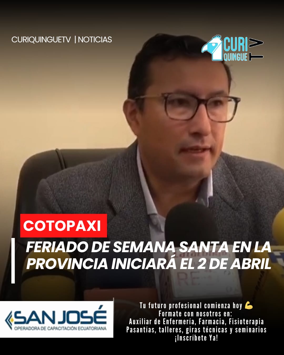 📌 El gobernador de #Cotopaxi confirmó que el feriado de #SemanaSanta2026 iniciará el jueves 2 de abril, tras decisión de la Presidencia.