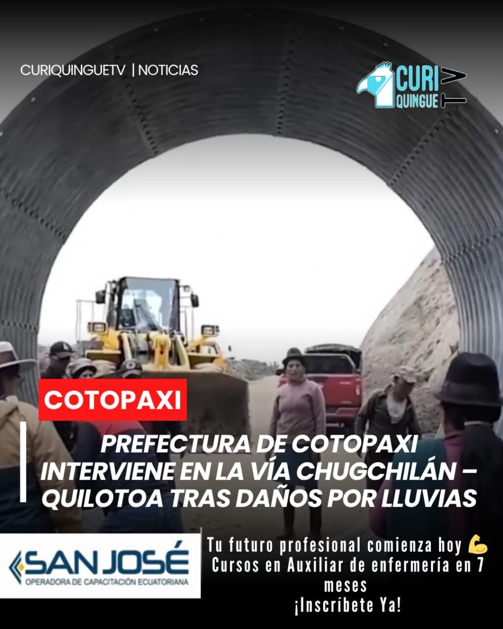 🌧️ Avanzan los trabajos de rehabilitación en la vía Chugchilán – Quilotoa, afectada por la fuerte temporada invernal.