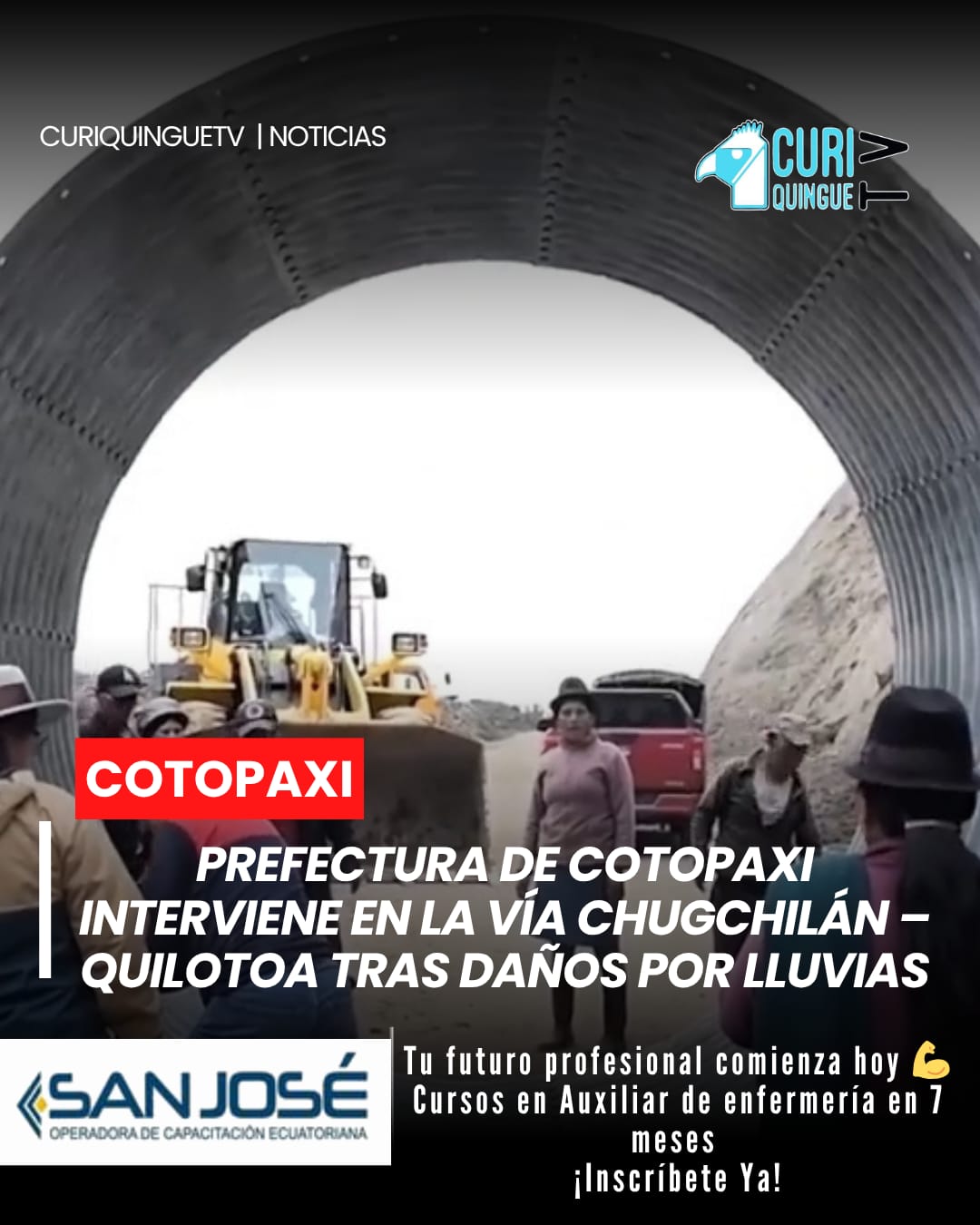 🌧️ Avanzan los trabajos de rehabilitación en la vía Chugchilán – Quilotoa, afectada por la fuerte temporada invernal.