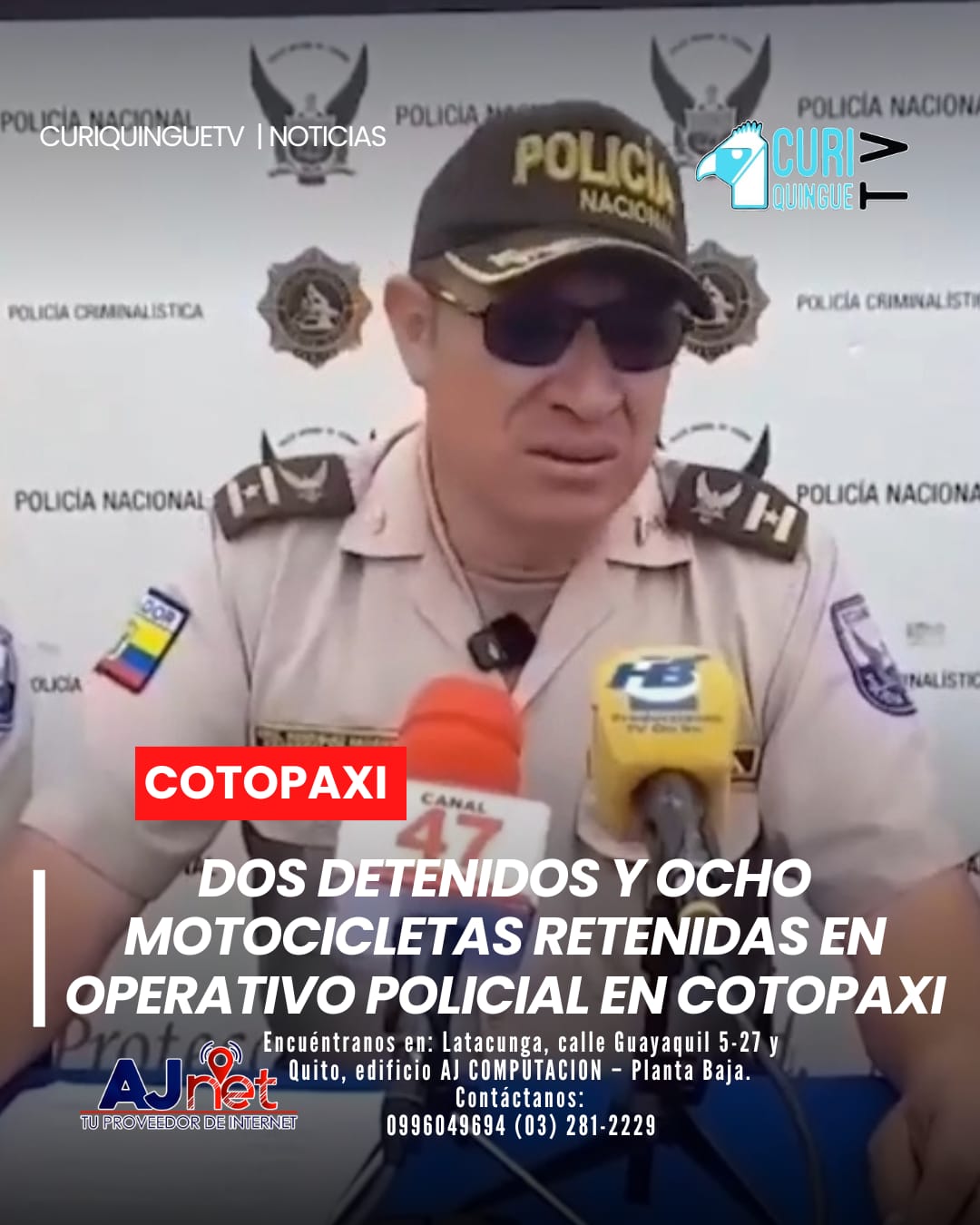 La Policía Nacional, a través de la Subzona Cotopaxi, informó que el pasado domingo 19 de abril se llevó a cabo un operativo de control que dejó como resultado la detención de dos ciudadanos y la retención de ocho motocicletas.