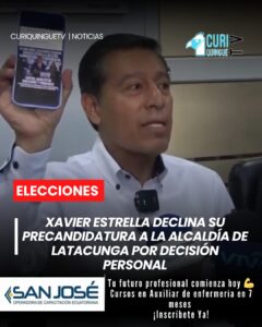 El ingeniero Xavier Estrella anunció en rueda de prensa que no continuará con su precandidatura a la Alcaldía de Latacunga. Desde el movimiento Pachakutik, autoridades indicaron que se trata de una decisión estrictamente personal y no responde a lineamientos de la organización.