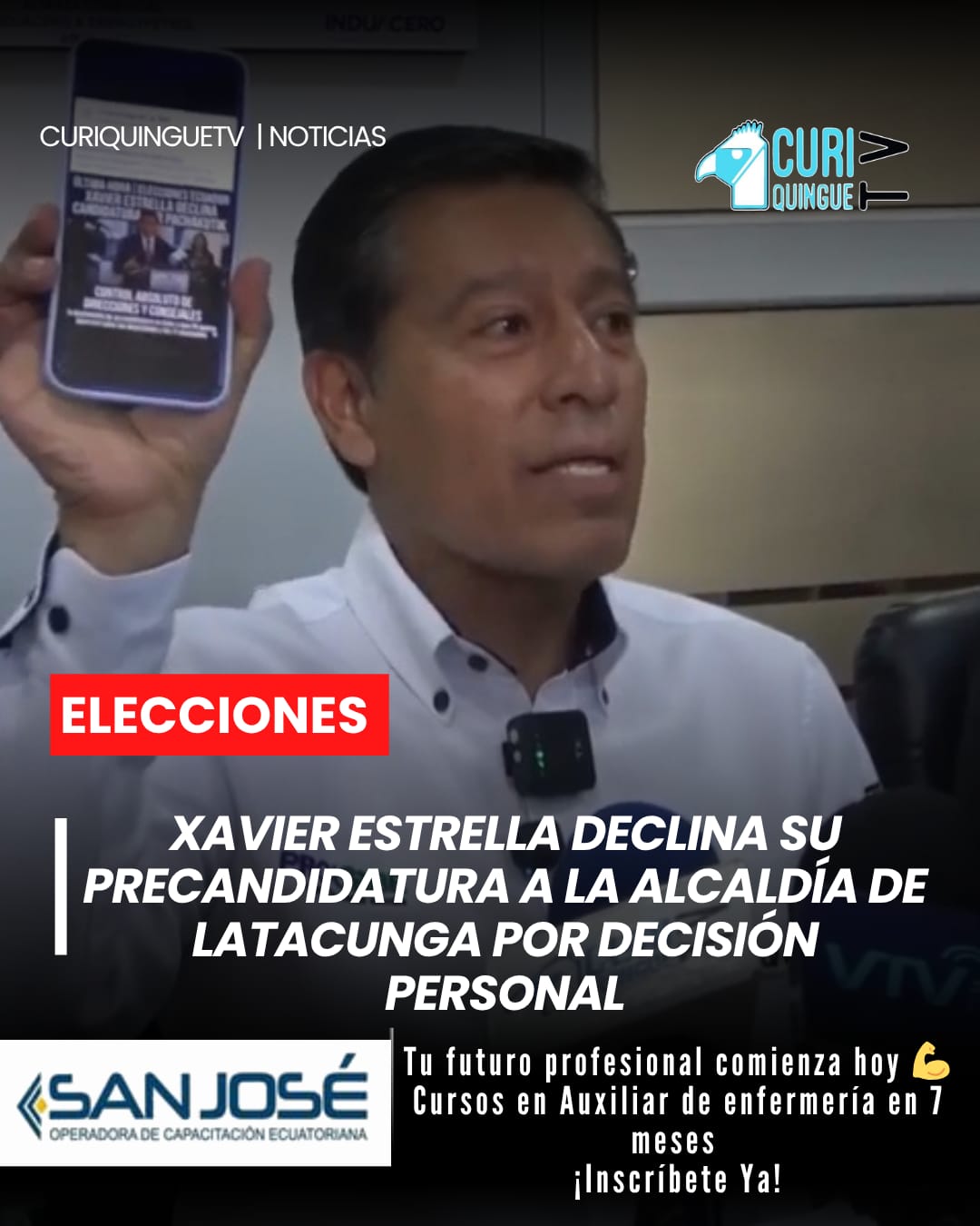 El ingeniero Xavier Estrella anunció en rueda de prensa que no continuará con su precandidatura a la Alcaldía de Latacunga. Desde el movimiento Pachakutik, autoridades indicaron que se trata de una decisión estrictamente personal y no responde a lineamientos de la organización.