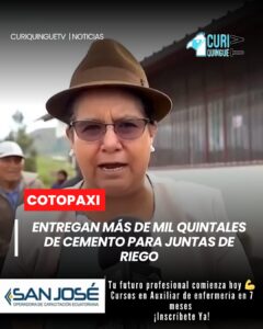 👨‍🌾 En esta ocasión se realizó la entrega de 824 quintales de cemento para la Junta de Regantes del barrio Bellavista y 337 quintales para la Junta de Riego del barrio Santo Domingo de Papahurco, materiales que servirán para fortalecer obras de infraestructura hídrica y apoyo al trabajo campesino.