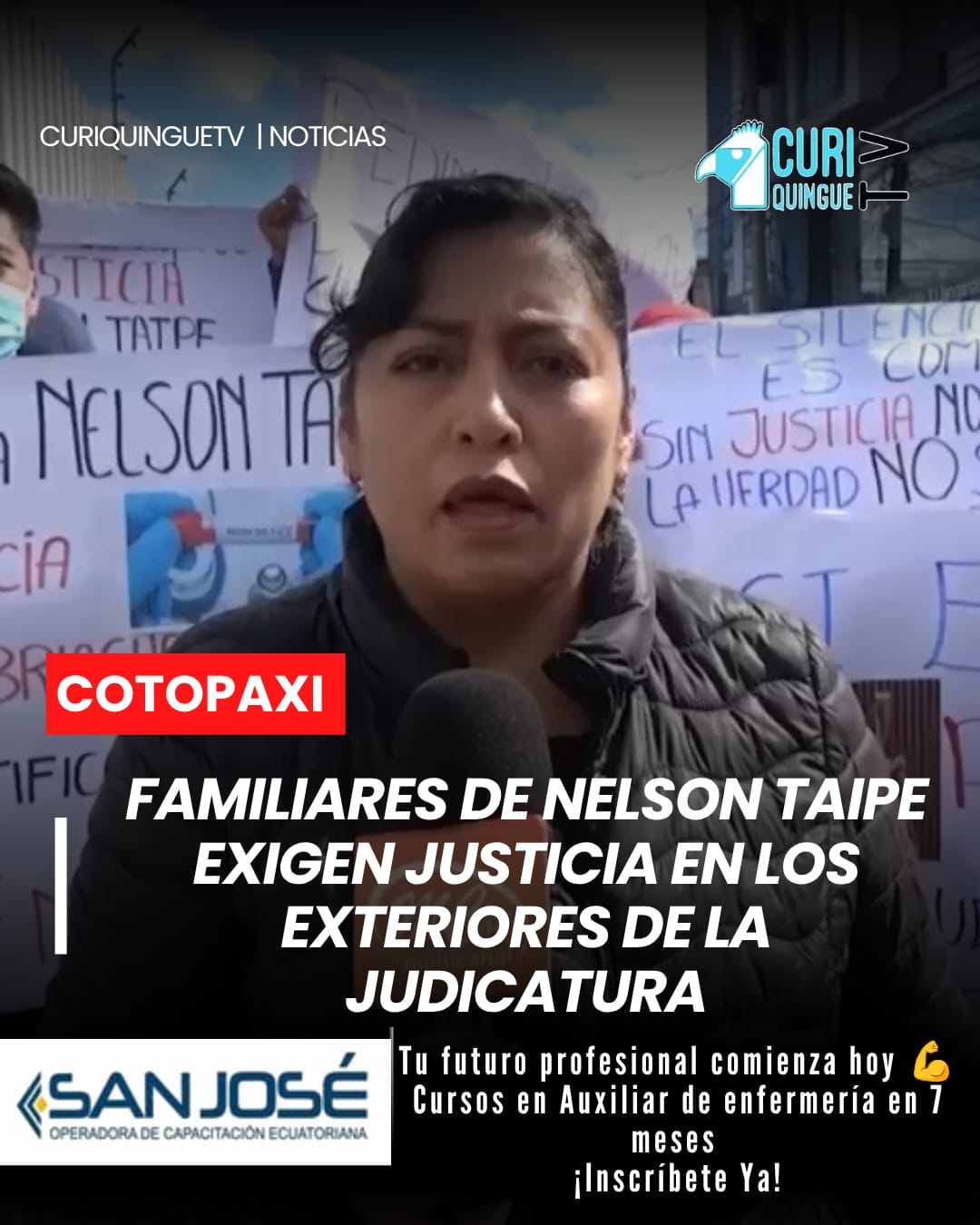 Familiares de Nelson Taipe realizaron un plantón en los exteriores de la Unidad Judicial de Salcedo para exigir justicia dentro del proceso relacionado con un accidente de tránsito registrado meses atrás en el sector de Yambo.