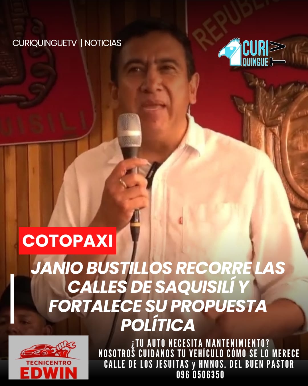 En el salón de reuniones del Sindicato de Choferes Profesionales de Saquisilí se realizó la presentación oficial de la precandidatura de Janio Bustillos a la Alcaldía del cantón. Durante el evento participaron dirigentes y simpatizantes del Movimiento SUMA.
