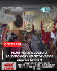 El alcalde del cantón Pujilí realizó la tradicional jocha a la Municipalidad de Salcedo, invitando oficialmente a participar en las festividades de las Octavas de Corpus Christi que se desarrollarán el próximo sábado 6 de junio. Este acto fortalece los lazos de hermandad entre los cantones y mantiene vivas las tradiciones culturales de la provincia.