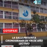 El rector de la Unidad Educativa San José La Salle dio a conocer el cronograma establecido para la culminación del presente año lectivo. Entre las actividades previstas constan procesos académicos, ceremonias institucionales y la entrega de documentación correspondiente a los estudiantes.