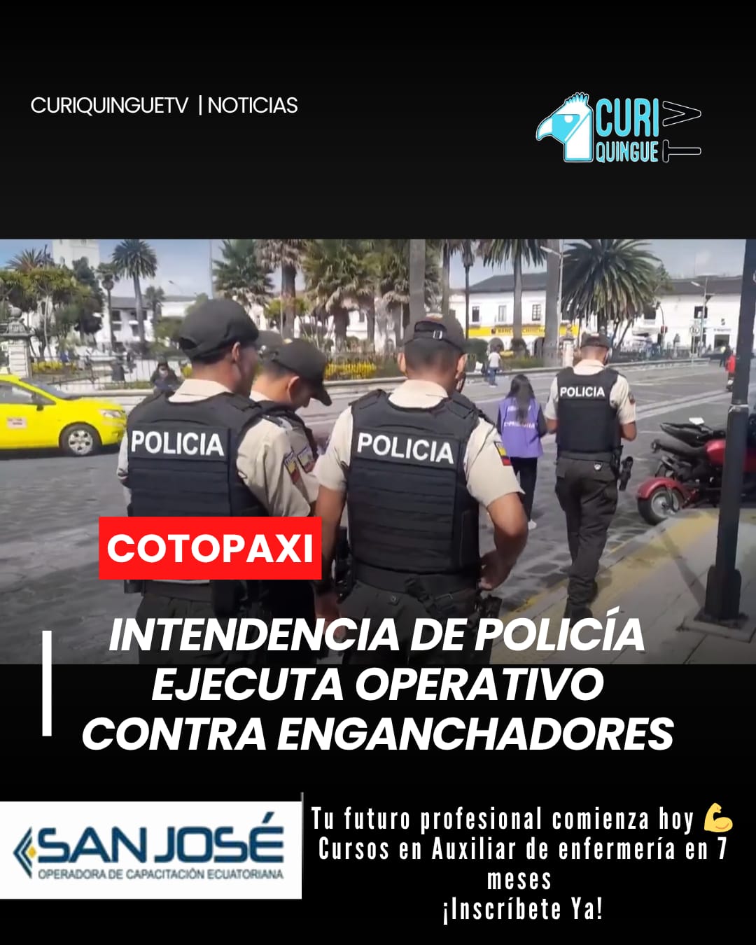 Realizó un operativo de control en los exteriores del Servicio de Rentas Internas (SRI) con el objetivo de evitar la presencia de personas conocidas como “enganchadores”, quienes ofrecen trámites irregulares a los ciudadanos. Las autoridades señalaron que estos controles continuarán para garantizar una atención segura y ordenada.