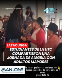 Estudiantes de la carrera de Psicología Social de la Universidad Técnica de Cotopaxi (UTC) realizaron una visita a los adultos mayores de la casa de acogida ubicada en el cantón Salcedo. La iniciativa tuvo como objetivo brindar momentos de alegría, convivencia y acompañamiento, promoviendo el bienestar emocional y la integración entre generaciones.