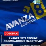 El movimiento político Avanza Lista 8 designó a sus coordinadores en cada uno de los cantones de la provincia de Cotopaxi como parte de su proceso de organización interna. Además, anunció que durante este fin de semana se desarrollarán las elecciones primarias para definir su participación en los próximos procesos electorales.