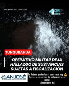 Personal de las Fuerzas Armadas realizó un operativo de control en el cantón Baños, provincia de Tungurahua, donde se encontraron sustancias sujetas a fiscalización. Las acciones forman parte de los operativos permanentes para fortalecer la seguridad.