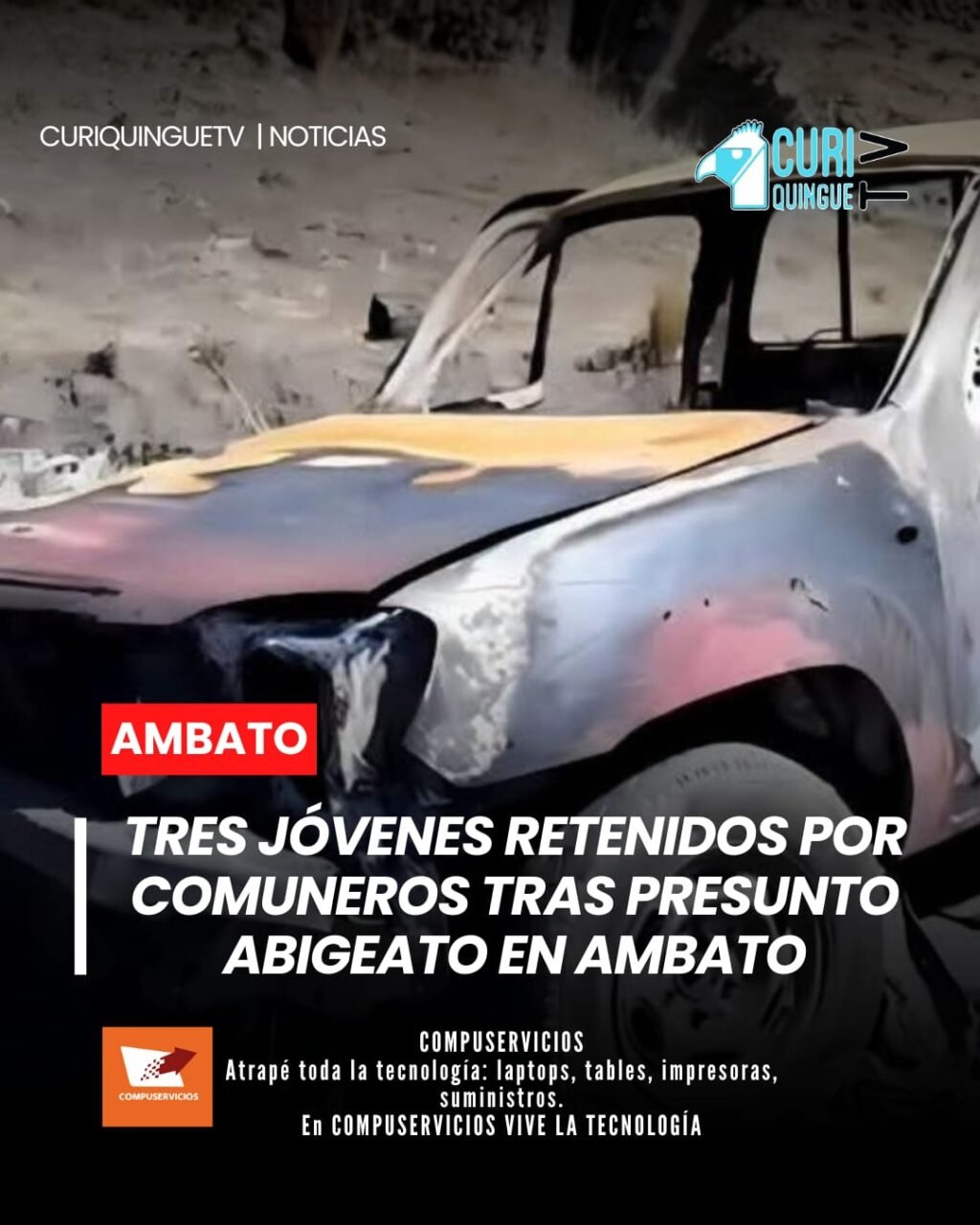 Momentos de tensión se vivieron en Ambato, donde tres jóvenes fueron retenidos por comuneros tras ser señalados de presuntamente intentar sustraer ganado. La camioneta en la que se movilizaban fue incendiada y reducida a cenizas.