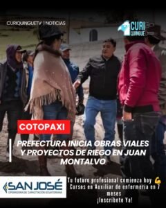 El viceprefecto de Cotopaxi informó que durante el fin de semana comenzaron los trabajos de mejoramiento vial en uno de los barrios de la parroquia Juan Montalvo. Además, se ejecutan proyectos destinados a fortalecer los sistemas de agua para riego, en beneficio del sector agrícola.