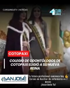 El Colegio de Odontólogos de Cotopaxi realizó el acto de proclamación y posesión de su nueva reina. Durante el evento, la representante expresó su compromiso de impulsar actividades en beneficio de los socios y fortalecer la integración institucional.