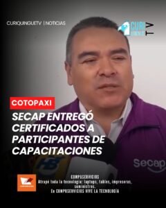El coordinador del SECAP en Cotopaxi realizó la entrega de certificaciones a las personas que culminaron con éxito diversos procesos de capacitación. Estas acciones buscan fortalecer las habilidades y conocimientos de los participantes para mejorar sus oportunidades laborales y de emprendimiento.