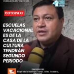 La Casa de la Cultura Ecuatoriana Núcleo de Cotopaxi informó que la primera etapa de las escuelas vacacionales está por concluir. Debido a la acogida y a la solicitud de los padres de familia, se dará inicio a un segundo periodo de actividades. Asimismo, durante el mes de agosto se desarrollarán diversos eventos culturales dirigidos a la ciudadanía.
