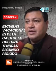 La Casa de la Cultura Ecuatoriana Núcleo de Cotopaxi informó que la primera etapa de las escuelas vacacionales está por concluir. Debido a la acogida y a la solicitud de los padres de familia, se dará inicio a un segundo periodo de actividades. Asimismo, durante el mes de agosto se desarrollarán diversos eventos culturales dirigidos a la ciudadanía.