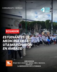 📍 Ambato, Tungurahua. Estudiantes de la carrera de Medicina de la Universidad Técnica de Ambato (UTA) realizaron una marcha por las calles de la ciudad para exigir respuestas sobre el futuro de su formación académica.
