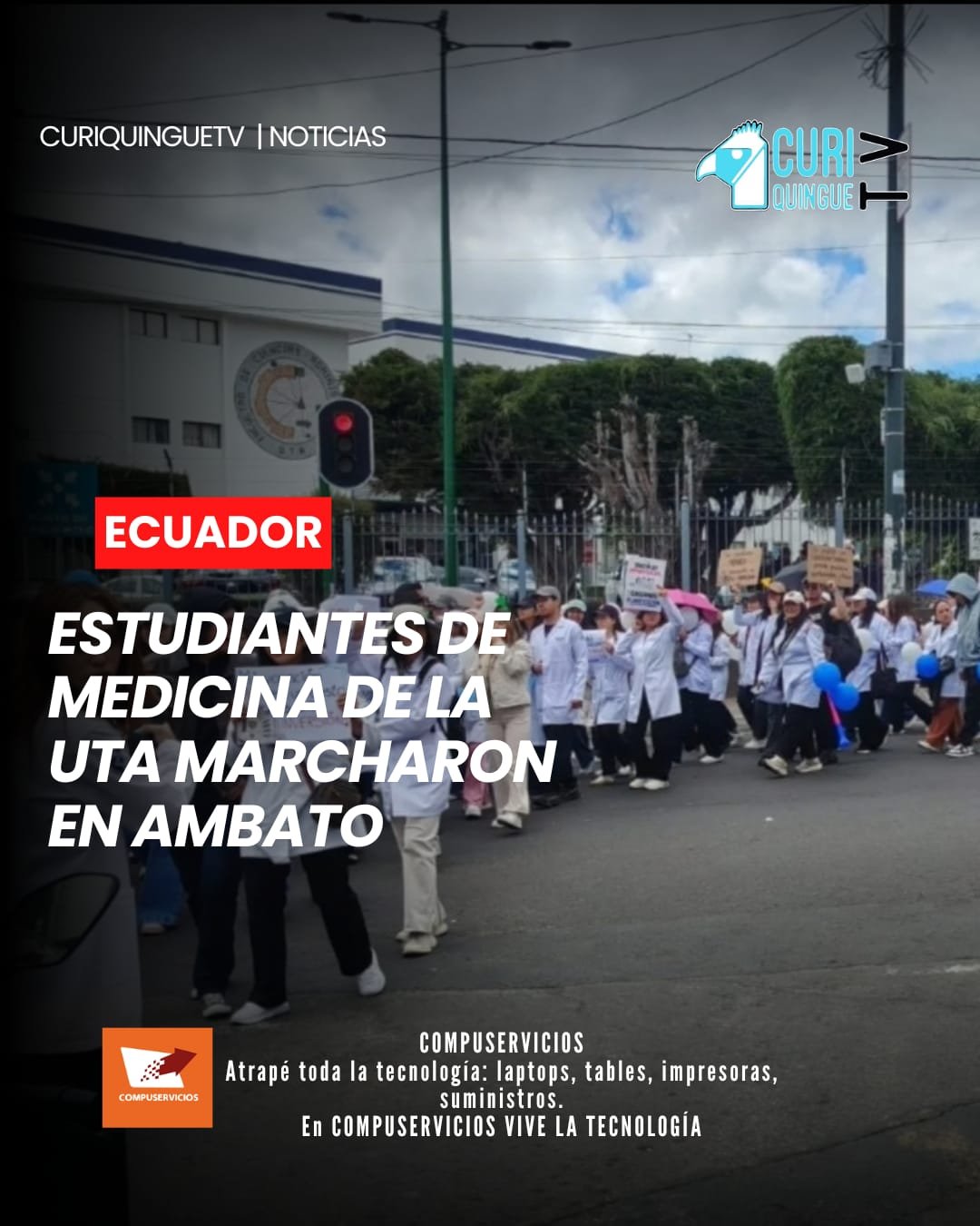 📍 Ambato, Tungurahua. Estudiantes de la carrera de Medicina de la Universidad Técnica de Ambato (UTA) realizaron una marcha por las calles de la ciudad para exigir respuestas sobre el futuro de su formación académica.