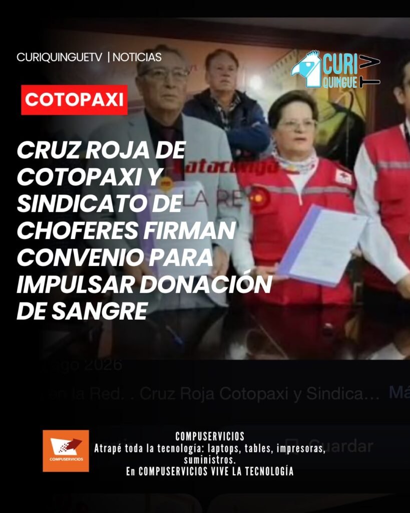 La Cruz Roja de Cotopaxi y el Sindicato de Choferes Profesionales de Cotopaxi realizaron la firma de un convenio con el objetivo de fortalecer el proyecto de donación voluntaria de sangre. La iniciativa busca promover la participación ciudadana y contribuir al abastecimiento de sangre para quienes requieren transfusiones.