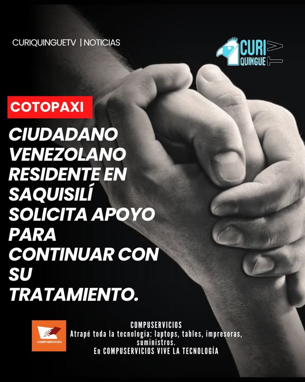 El ciudadano, quien radica en el cantón Saquisilí, atraviesa complicaciones de salud que requieren atención y tratamiento. Ante esta situación, solicita el apoyo solidario de la ciudadanía para poder continuar con su recuperación. A pesar de su enfermedad, busca diariamente generar recursos para mantener a su familia.