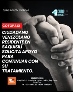 El ciudadano, quien radica en el cantón Saquisilí, atraviesa complicaciones de salud que requieren atención y tratamiento. Ante esta situación, solicita el apoyo solidario de la ciudadanía para poder continuar con su recuperación. A pesar de su enfermedad, busca diariamente generar recursos para mantener a su familia.
