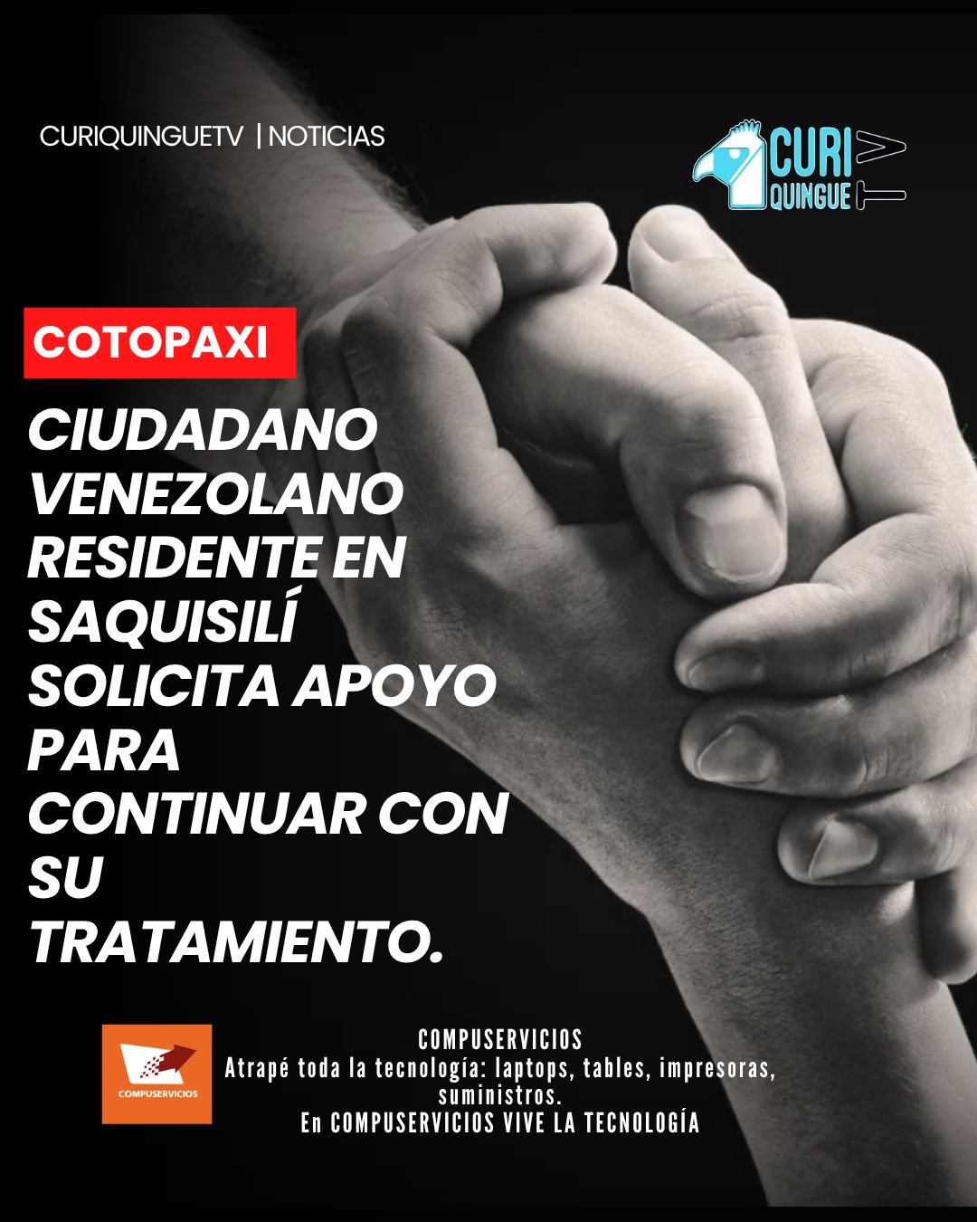 El ciudadano, quien radica en el cantón Saquisilí, atraviesa complicaciones de salud que requieren atención y tratamiento. Ante esta situación, solicita el apoyo solidario de la ciudadanía para poder continuar con su recuperación. A pesar de su enfermedad, busca diariamente generar recursos para mantener a su familia.