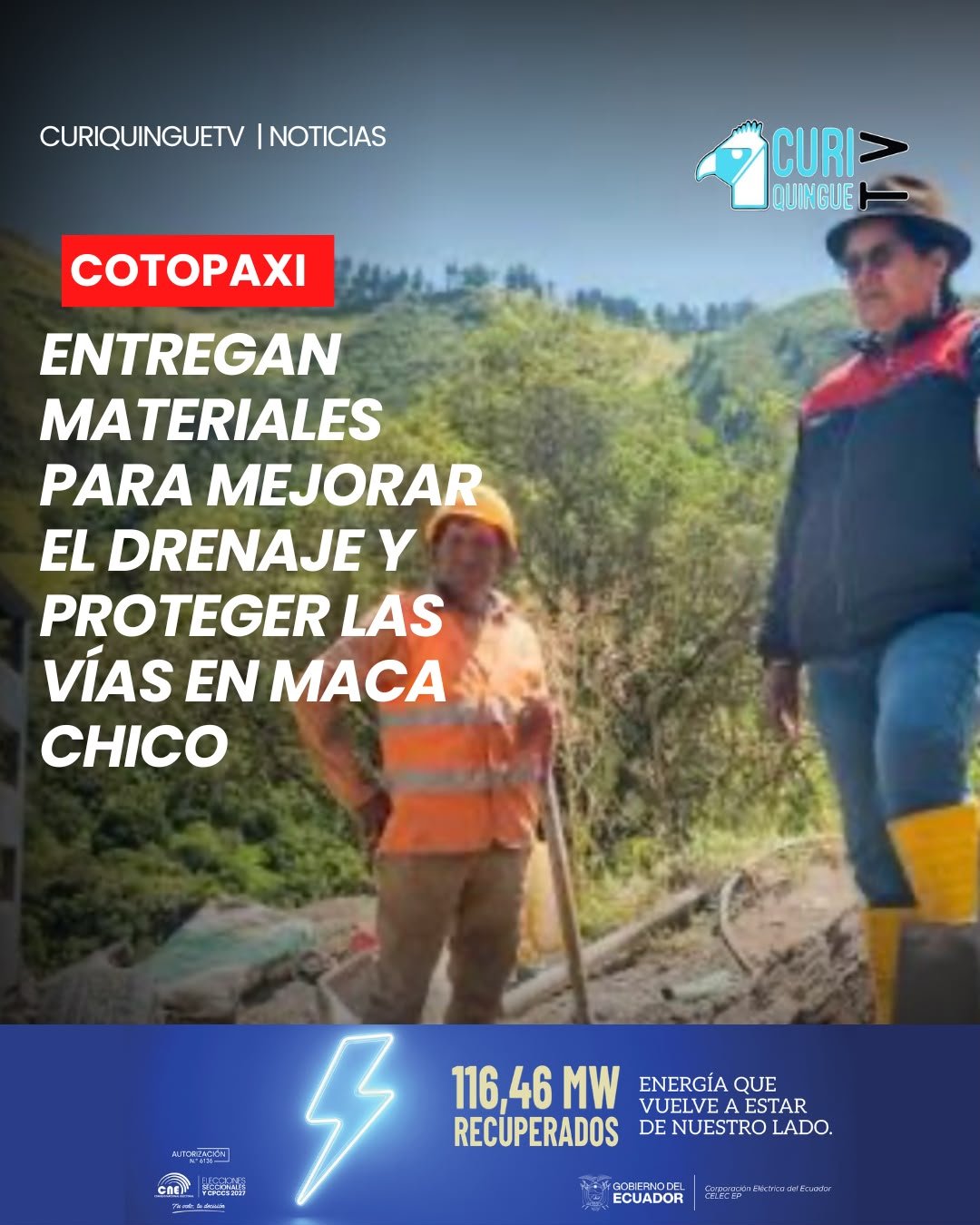 🚧🌧️ El Gobierno Provincial de Cotopaxi entregó 220 quintales de cemento y varillas en la comunidad de Maca Chico, perteneciente a la parroquia Poaló.